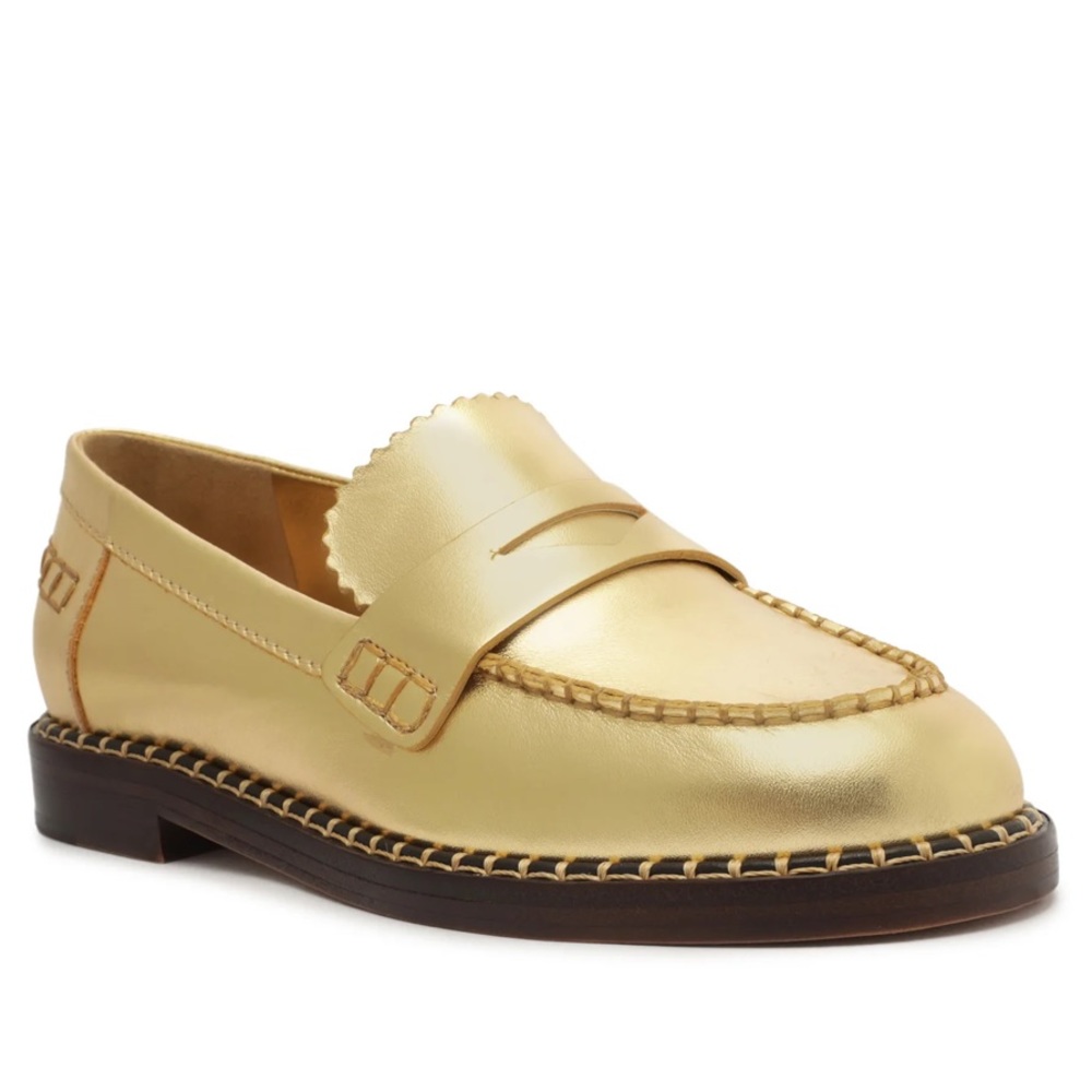 Schutz | Christie Metallic Leather Flat Loafer | Size 10